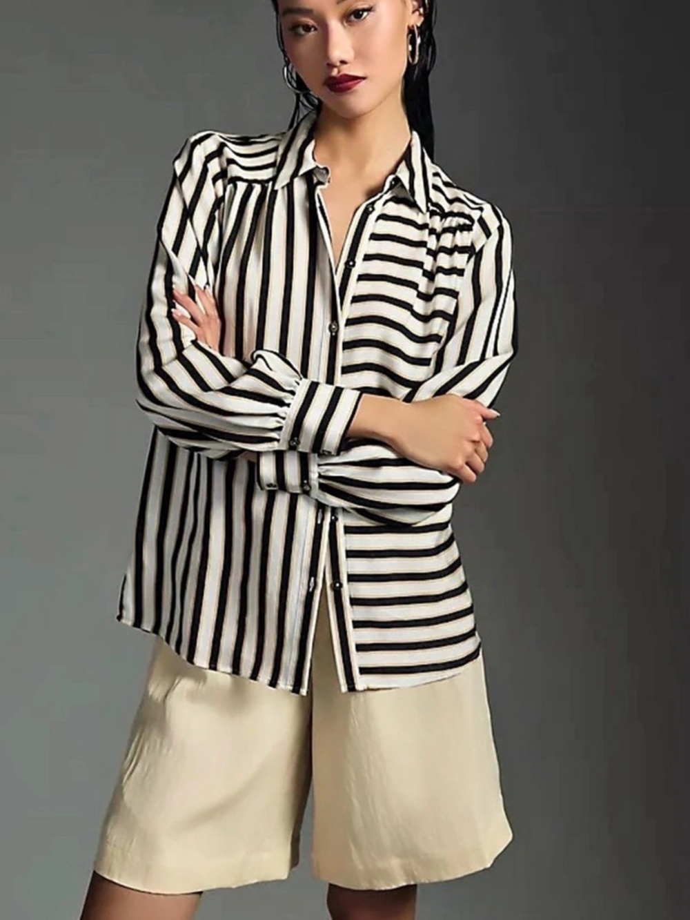 Maeve The Bennet Buttondown Shirt: Mixed Stripe Edition Cream & Black XS